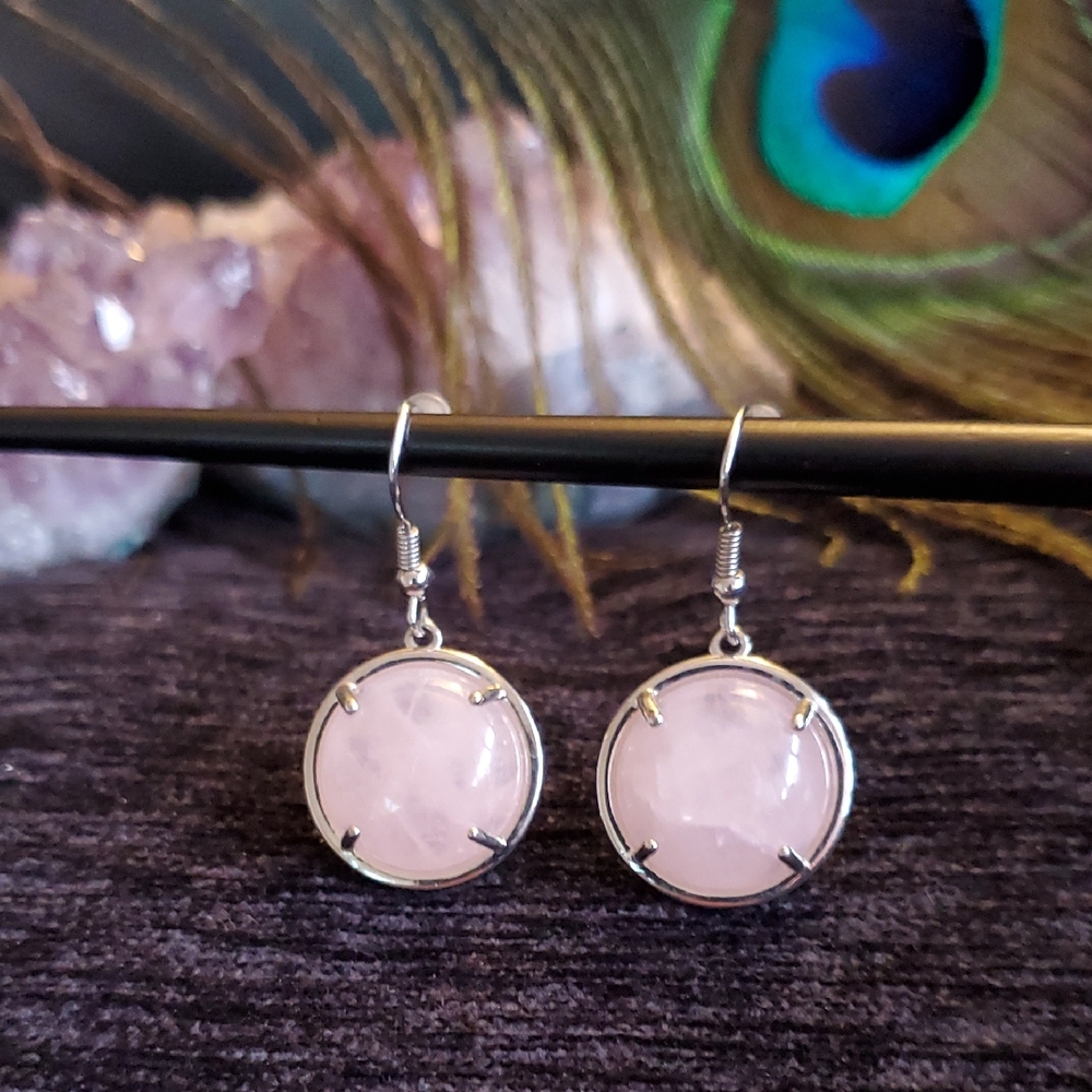 Genuine ROSE QUARTZ Round Cabochon Prong Set Silver Fish Hook Drop Earrings - Picture 1 of 5